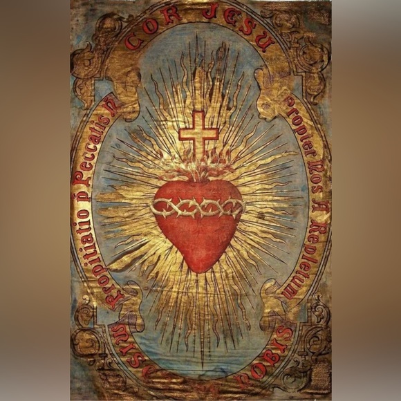 Bursting Sacred Heart of Jesus Immaculate Mary Catholic Ruby Red Fabric Necklace - Picture 4 of 7